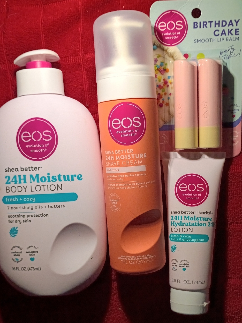 EOS Fresh & Cozy lotions, pink citrus shave cream, & birthday cake lip balm